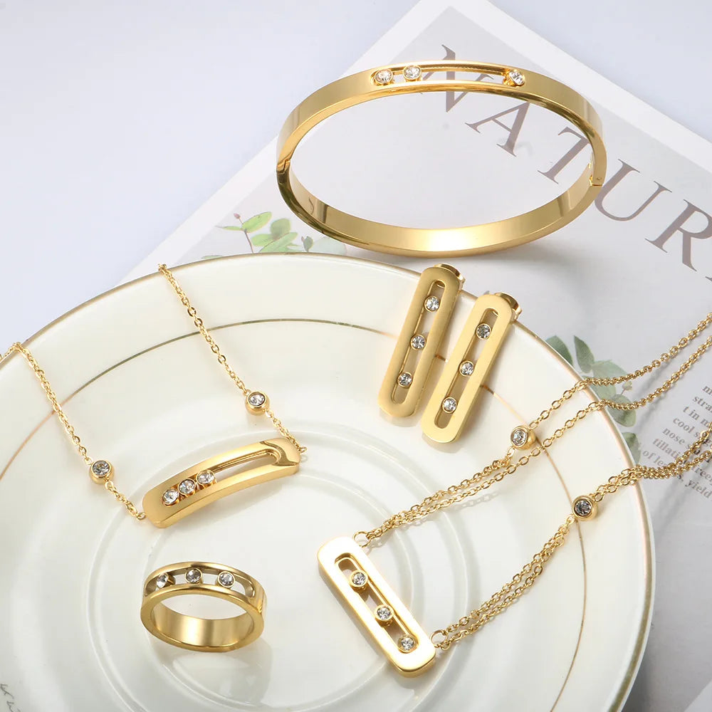 Stainless Steel Diamond Embedded Geometric Ring Necklace Bracelet Earring Set Fashionable Mobile Stone Mount Jewelry