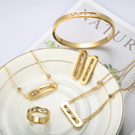 Stainless Steel Diamond Embedded Geometric Ring Necklace Bracelet Earring Set Fashionable Mobile Stone Mount Jewelry