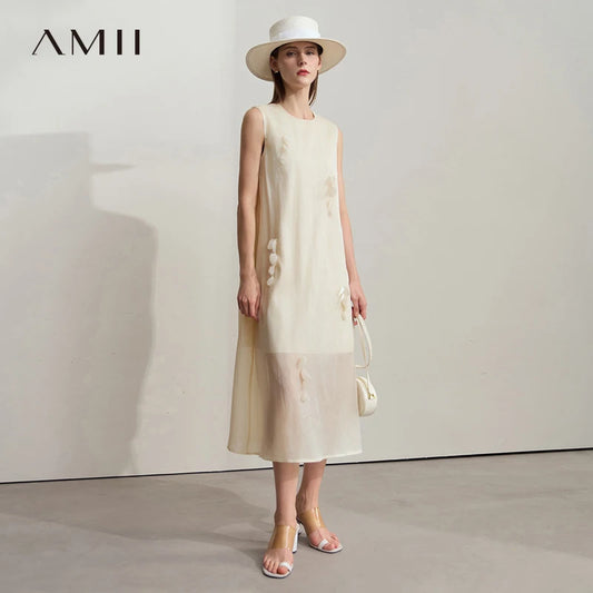 Amii Women's Dress Minimalist Solid Color Mulberry Silk Cotton Blend Sleeveless Three Dimensional Studded Flower Dress 12542104