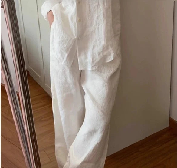 Fashionable Pure Color Cotton Linen Set Long Sleeve Single Button  Neck Shirt Elastic Waist Straight Leg Pants Two Piece Set