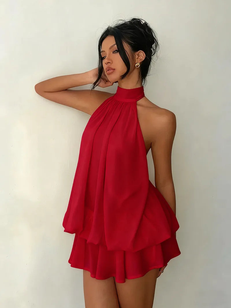Women's Halter Neck Dress, Backless Tie-Front Chiffon Sheer Mini Skirt