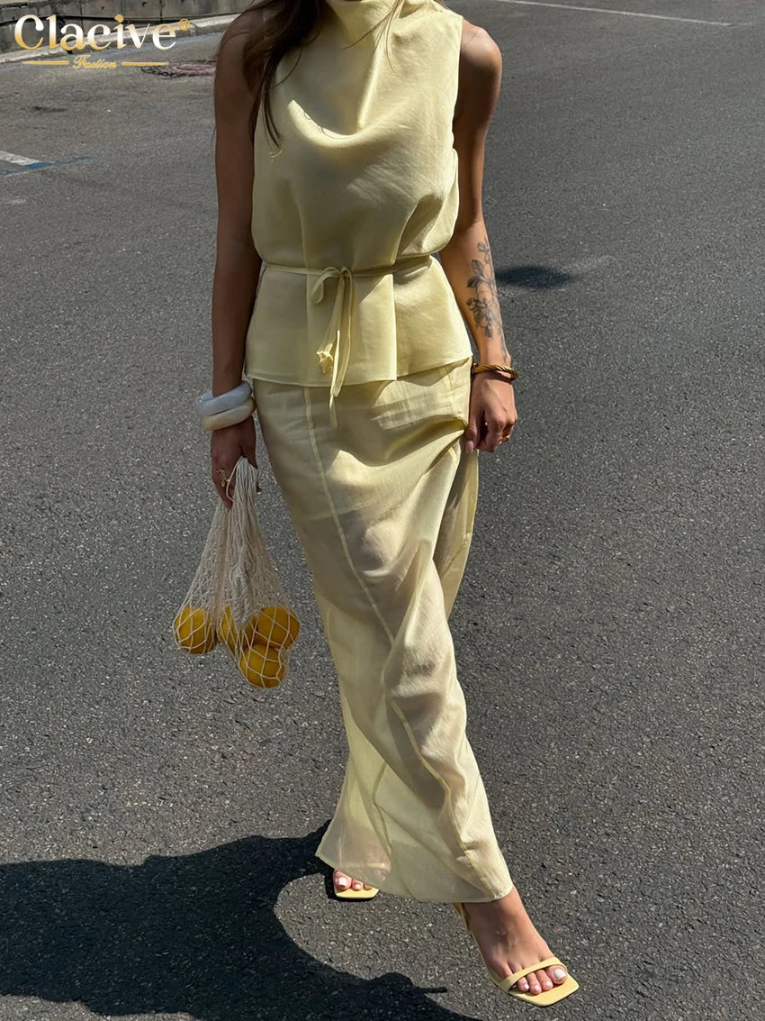 Clacive Summer Loose Yellow Women's Two Pieces Set 2026 Sexy Sleeveless Tank Top With High Waist Long Skirt Set Female Clothing