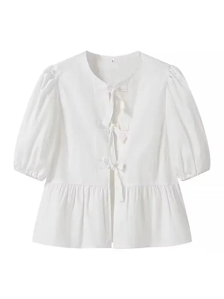 Blouse For Women Fashion Lace Up Short Puff Sleeve Shirt Y2k Solid Girls Sweet Top Summer Female Casual Streetwear Shirts