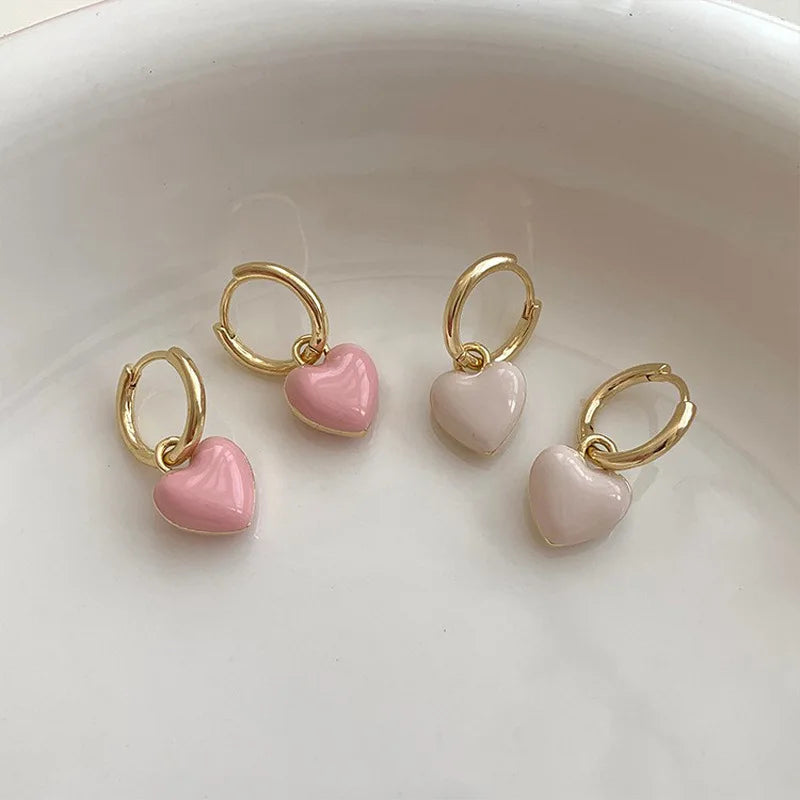 Romantic Pink Heart Shape Drop Earrings for Women Minimalist Gold Color Geometry Hoop Earrings Girl Temperament Party Jewelry