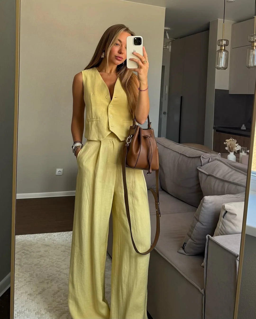 Simple Casual 2 Piece Set Women V Neck Single Breasted Crop Vest+trouser Suit Summer Fashion Pleated Wide Leg Pants Sets