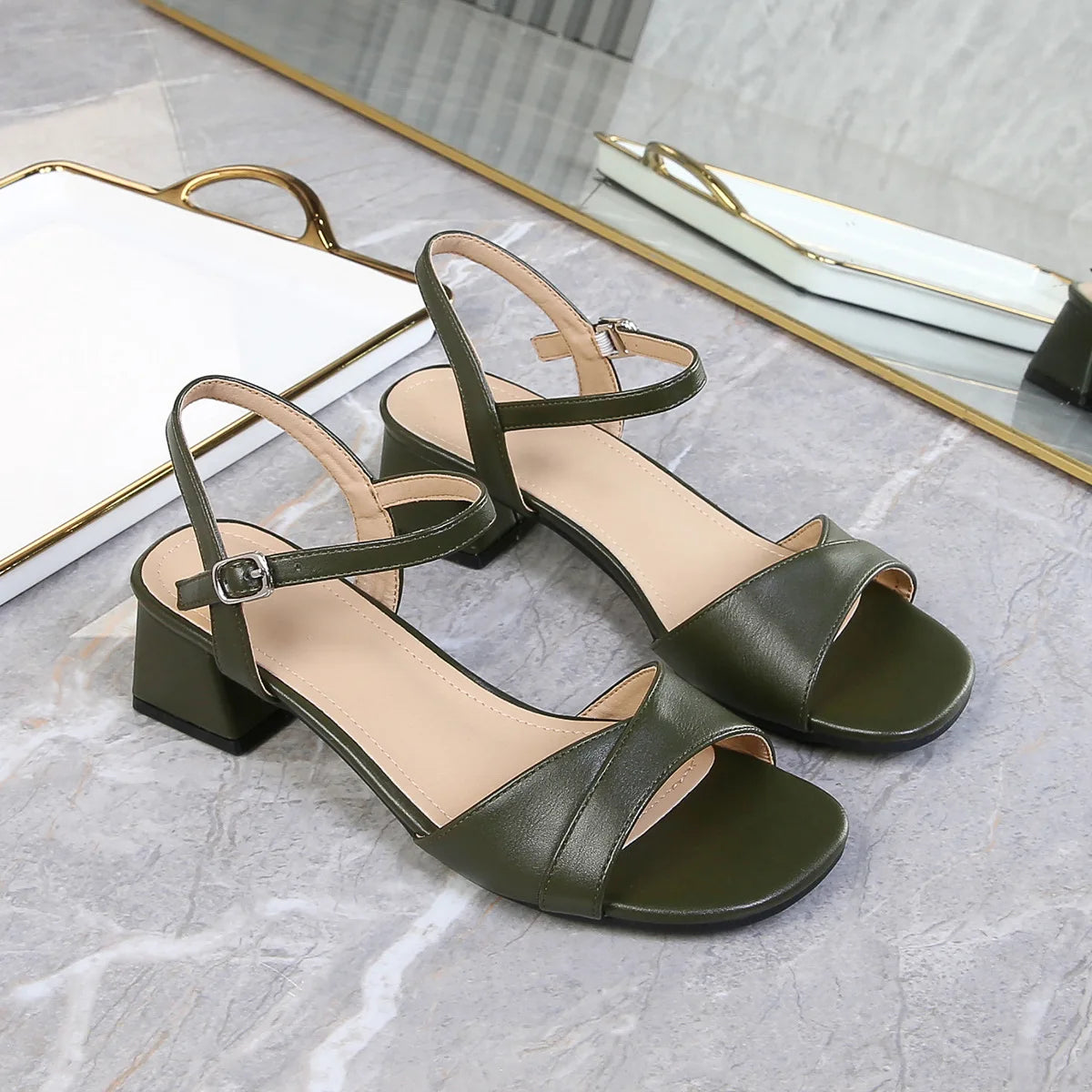 Sandals for Women 2026 Summer Soft Leather Plus Size Thick Heel Straight Buckle Strap High-heeled Sandals Women's Heels Women