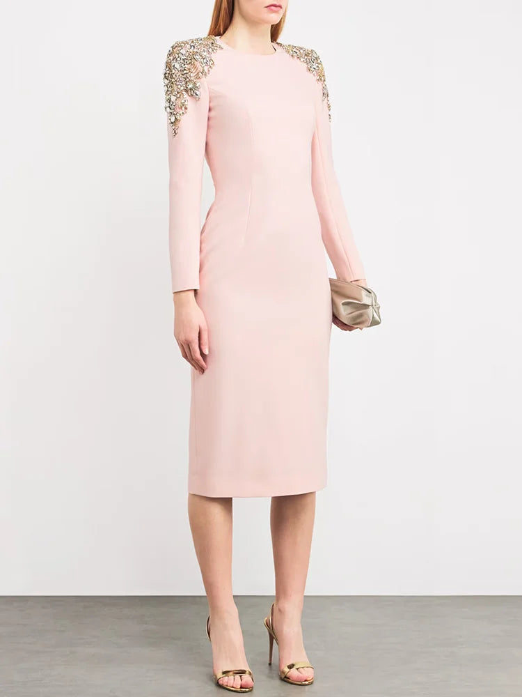 HIGH STREET Newest 2026 Designer Fashion Women's Long Sleeve Diamonds Beaded  Long Sleeved Dress
