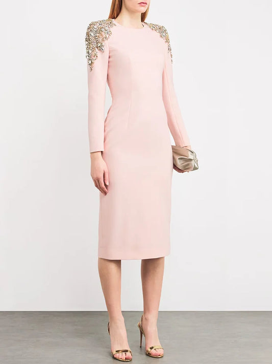 HIGH STREET Newest 2026 Designer Fashion Women's Long Sleeve Diamonds Beaded  Long Sleeved Dress