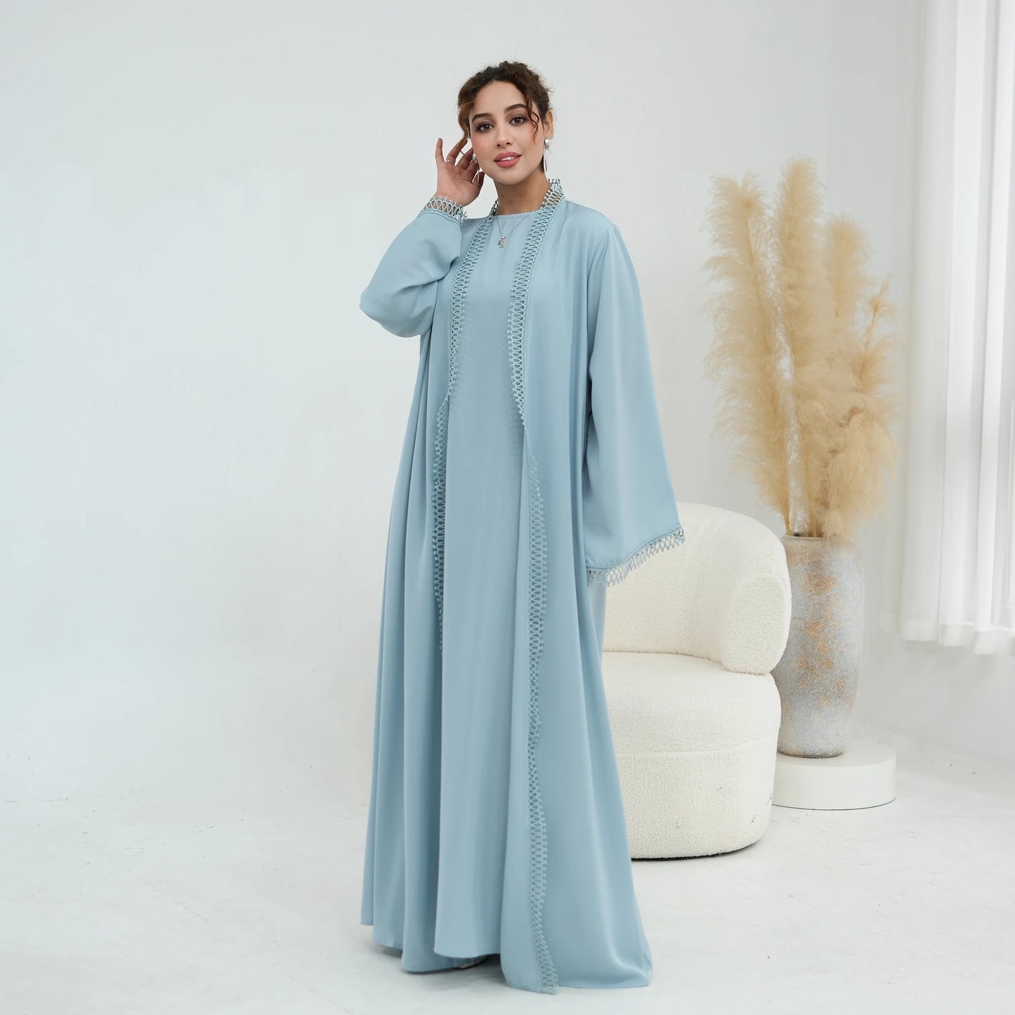 Women Abaya Set for Eid Party Events Resort Wear-Loop Lace Trim Kimono Robe&Sleeveless Dress