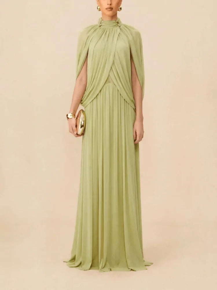 Chic Chiffon Pleated Maxi Dress Women Elegant Flutter Sleeve Turtleneck Patchwork Long Dresses 2026 Lady New Evening Party Gowns