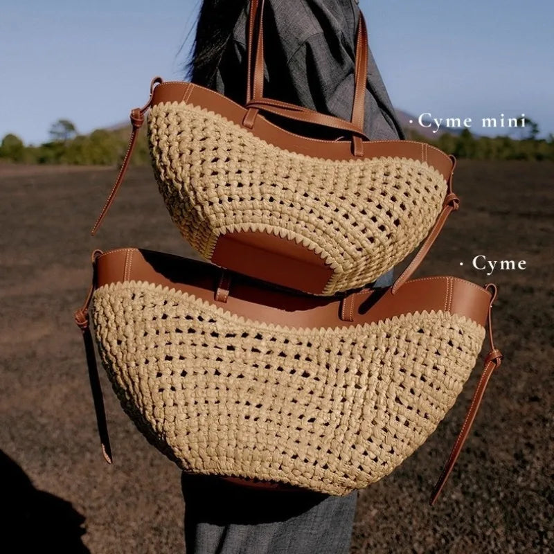 Women’s Woven Tote Bag, Large Capacity Straw Beach Handbag, Simple Casual Shoulder Bag for Summer