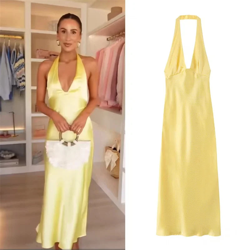 Women's Dress 2026 Summer New Style Yellow Halter Neck Satin Texture Sexy Backless Long Dress Elegant and Stylish Personality