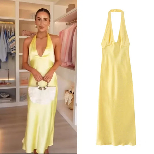 Women's Dress 2026 Summer New Style Yellow Halter Neck Satin Texture Sexy Backless Long Dress Elegant and Stylish Personality