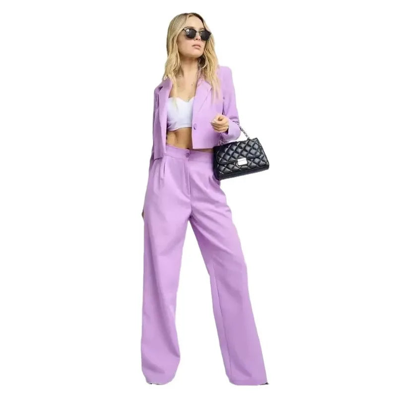 Casual Lapel Long Sleeve Short Blazer Jacket + High Waist Wide Leg Pants Two Piece Set