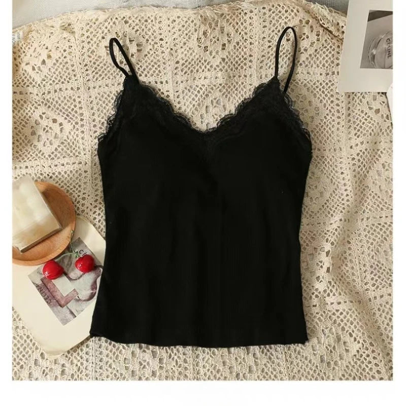 Women Sleeveless Tank Tops Solid Color Korean Version V Neck Slim Fashion Lace Stitching With Chest Pad Camisole
