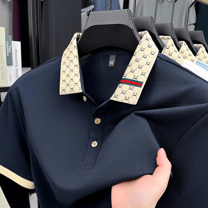 2025 Men's New Luxury High-end Jacquard Collar Lapel T-shirt Breathable Business Casual Top Suitable for Men's Spring and Summer