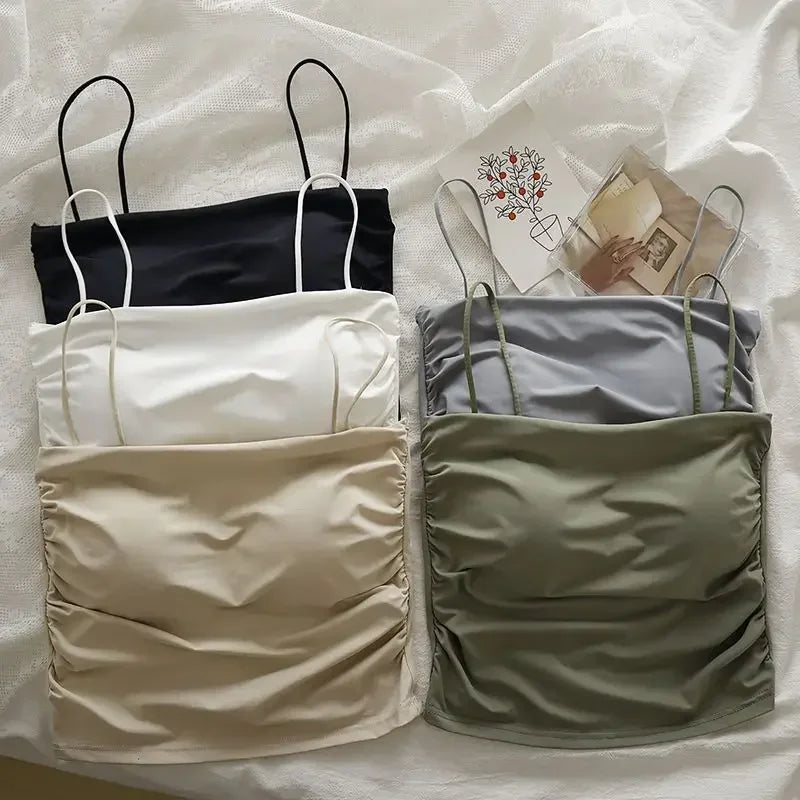 Sexy Crop Tops Women Summer Shirring Sleeveless Slim Camis Tops Bodycon with Chest Pad Fashion Casual Tops Female