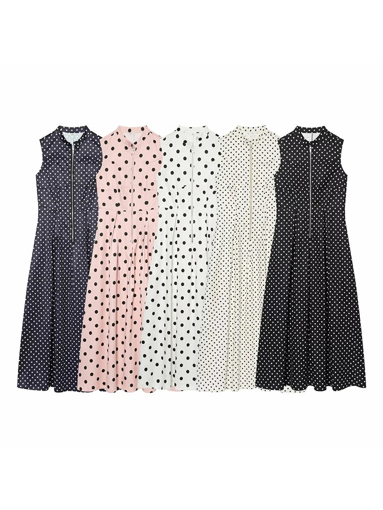 Women Elegant Polka Dot Zipper Decoration Dress Summer Women Sleeveless Pleated Dress Female Fashion Versatile Midi Dress