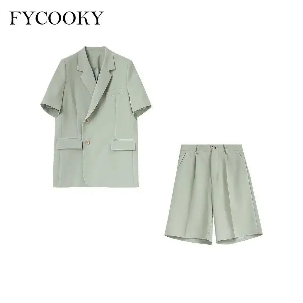 Korean Loose 2 Piece Women Short Set with Blazer Summer