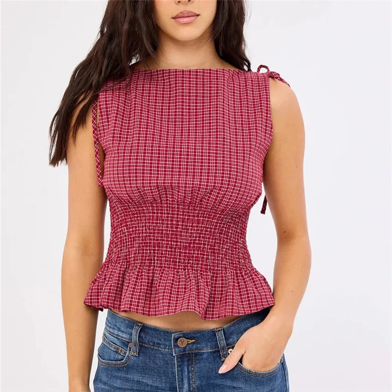 Women Summer Gingham Tie Shoulder Tank Top Y2k Vintage Sleeveless Shirred Ruffle Babydoll Shirt Cute Going Out Plaid Top