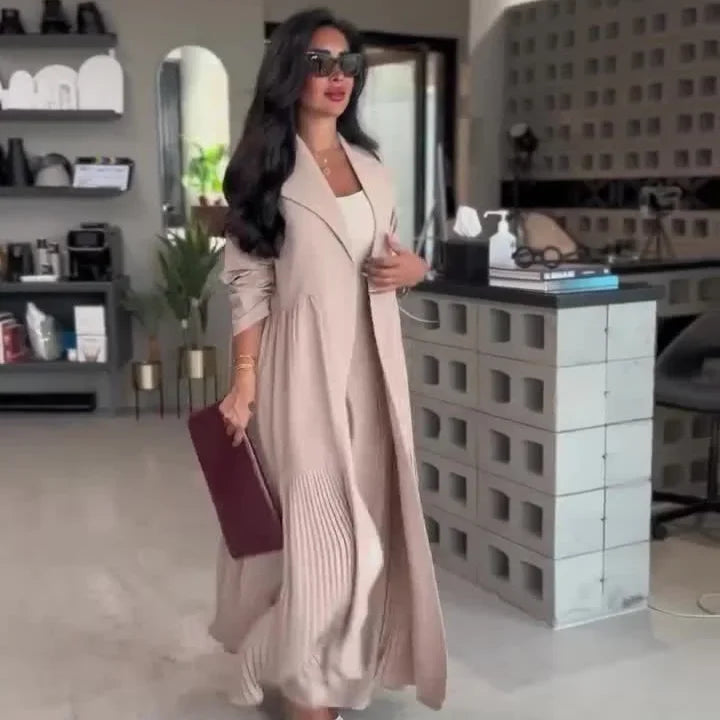 Muslim 2 Piece Set Women Long Coat Windbreaker Wide Leg Pants