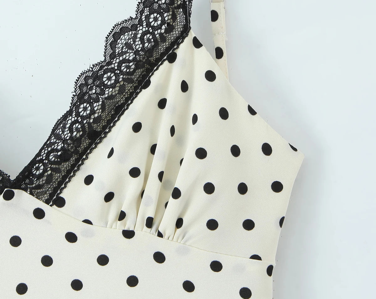 Sexy Milky Black Polka Dot Print Spliced Lace Ruched V Neck Sling Dress Women No Back Backless A-line Long Vestidos Robe Holiday