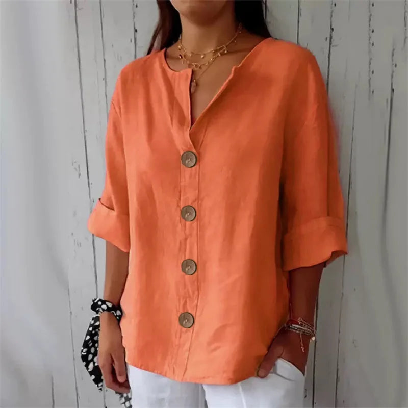 Loose Shirt Women's V-Neck Cotton Linen Button Top Casual Shirts Solid Fashion Elegant
