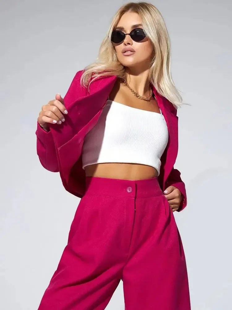 Casual Lapel Long Sleeve Short Blazer Jacket + High Waist Wide Leg Pants Two Piece Set