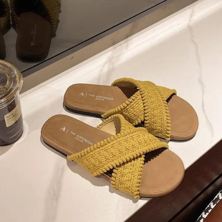 2026 New Arrival Women's Woven Cross Strap Slides – Casual Flat Sandals for Daily Street Style, Comfortable Footwear for Summer