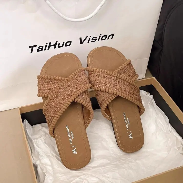 2026 New Arrival Women's Woven Cross Strap Slides – Casual Flat Sandals for Daily Street Style, Comfortable Footwear for Summer