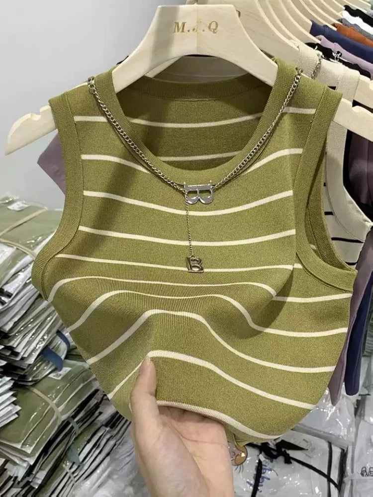 Sleeveless Knitted Striped Crop Tops 2026 Spring Summer Women Tank Tops Female Elastic Slim Casual Vests Color Blocking Camis