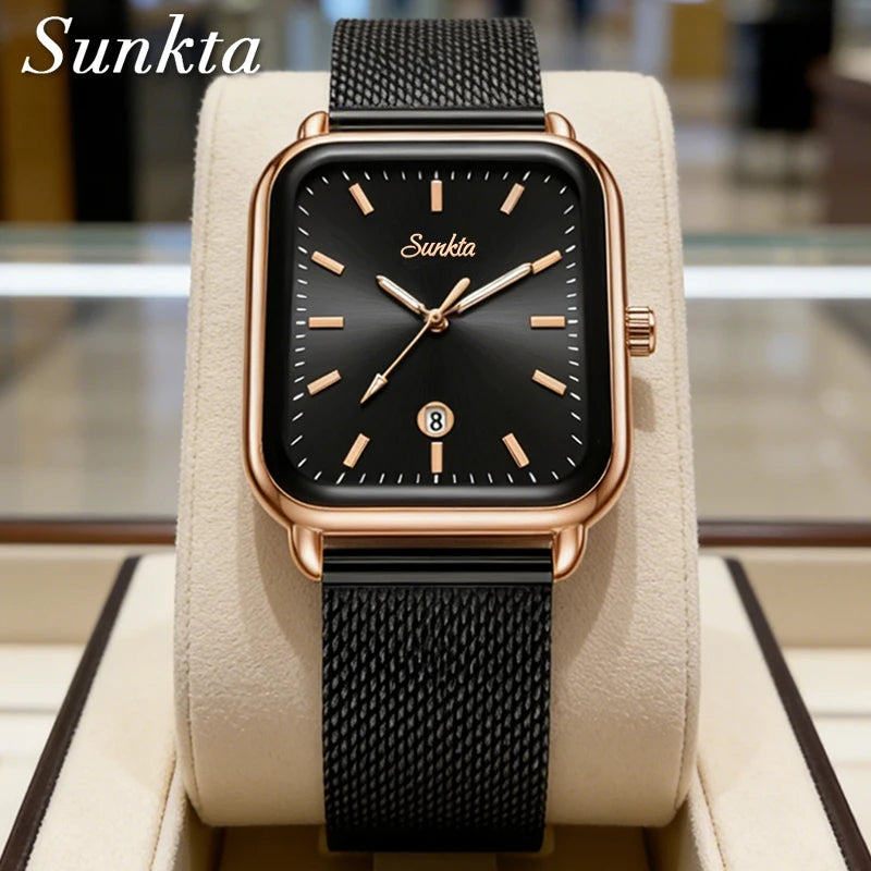 LIGE Vintage Fashion Quartz Wristwatches SUNKTA 2026 Top Luxury Watches Women Waterproof Luminous Mesh Strap Ladies Watch Gifts