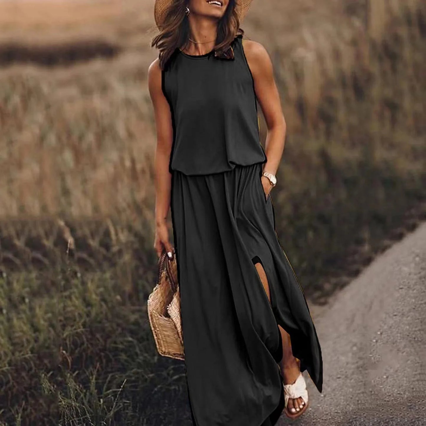 Women's Summer Sleeveless Maxi Dresses 2026 New Arrival Solid Color Casual Long Dress with Side Slit Dress for Ladies ﻿