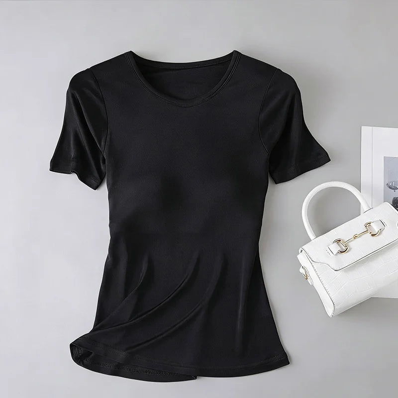 Birdtree, 22% Real Silk Solid Tshirt, With Built-in Bra, Women Short Sleeve O-neck Loose Soft Shirt, 2026 Spring New T63428JF