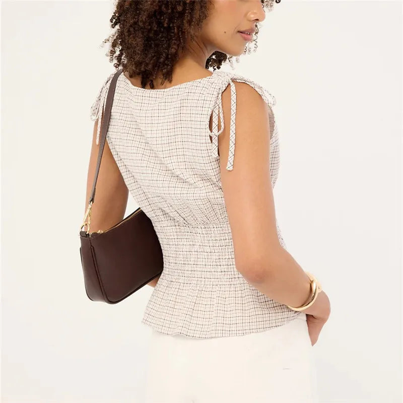 Women Summer Gingham Tie Shoulder Tank Top Y2k Vintage Sleeveless Shirred Ruffle Babydoll Shirt Cute Going Out Plaid Top