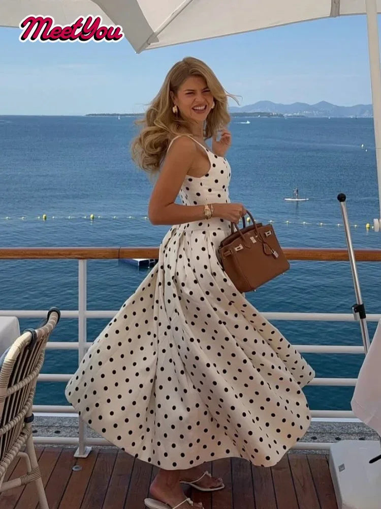 Casual Polka Dot Print Sleeveless Maxi Dress Women Fashion Square Neck High Waist A-line Long Robe 2025 Summer New Party Gowns N