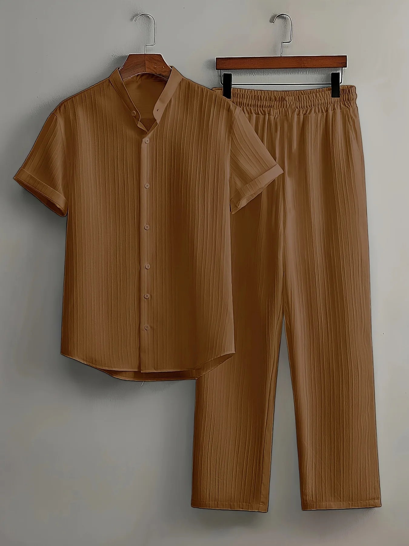 Men's Summer White Suit Outdoor Travel Suit Solid Color Vertical Strip Lapel Short-sleeved Shirt Drawstring Pants Two-piece Set