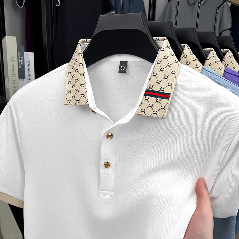 2025 Men's New Luxury High-end Jacquard Collar Lapel T-shirt Breathable Business Casual Top Suitable for Men's Spring and Summer