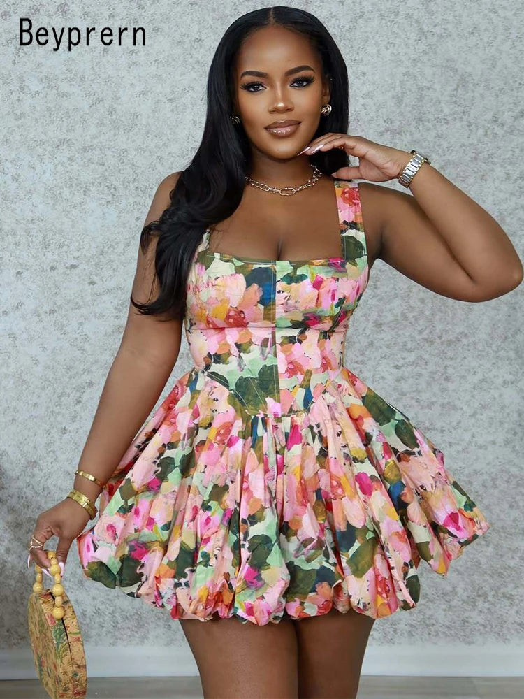 Beyprern Stylish U Neck Floral Bubble Hem Mini Dress Summer Sundress Chic Women's Sleeveless Flower Short Dress Vacation Outfits