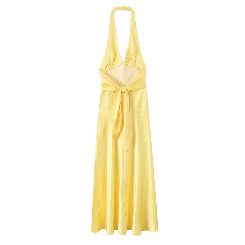 Women's Dress 2026 Summer New Style Yellow Halter Neck Satin Texture Sexy Backless Long Dress Elegant and Stylish Personality