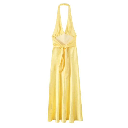 Women's Dress 2026 Summer New Style Yellow Halter Neck Satin Texture Sexy Backless Long Dress Elegant and Stylish Personality