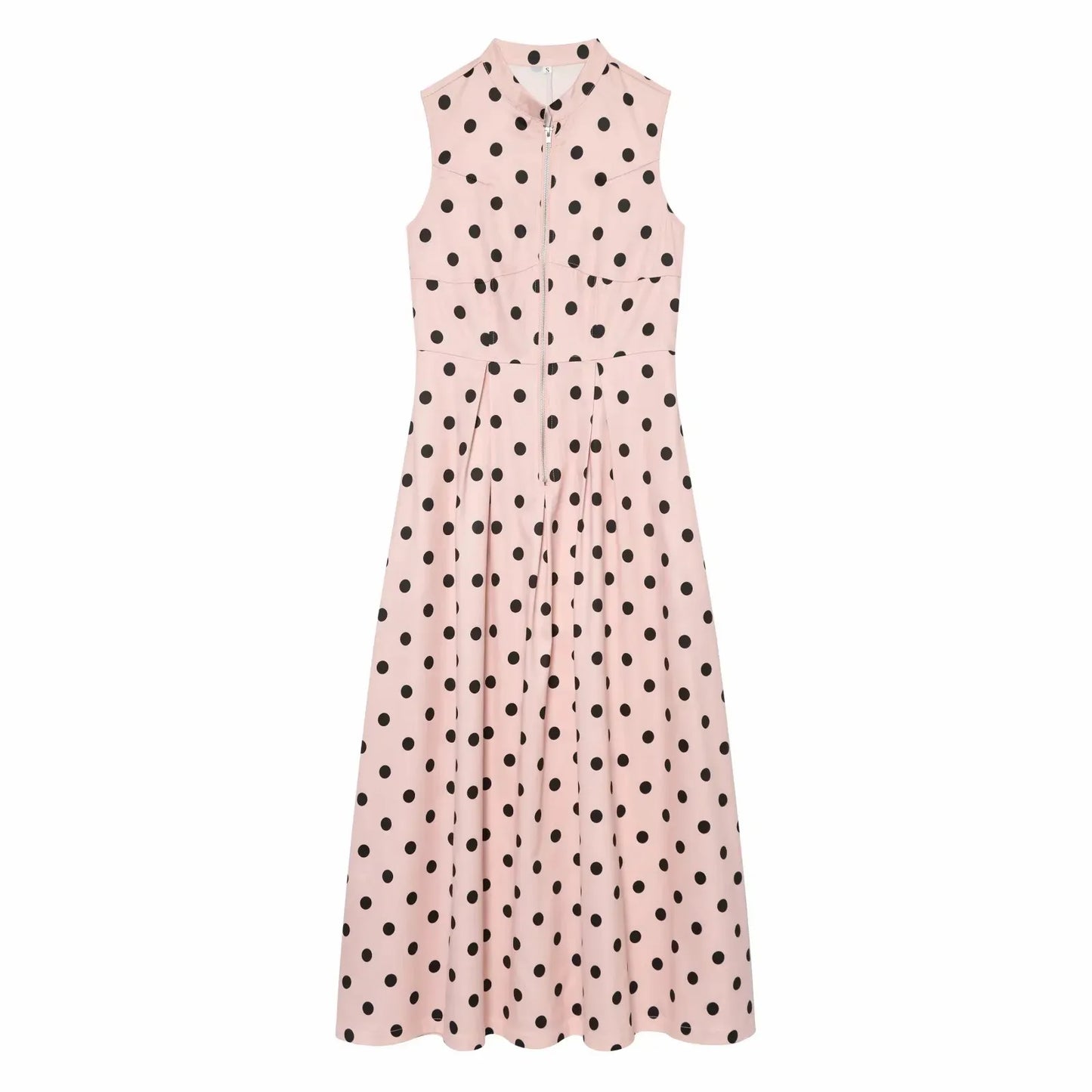 Women Elegant Polka Dot Zipper Decoration Dress Summer Women Sleeveless Pleated Dress Female Fashion Versatile Midi Dress