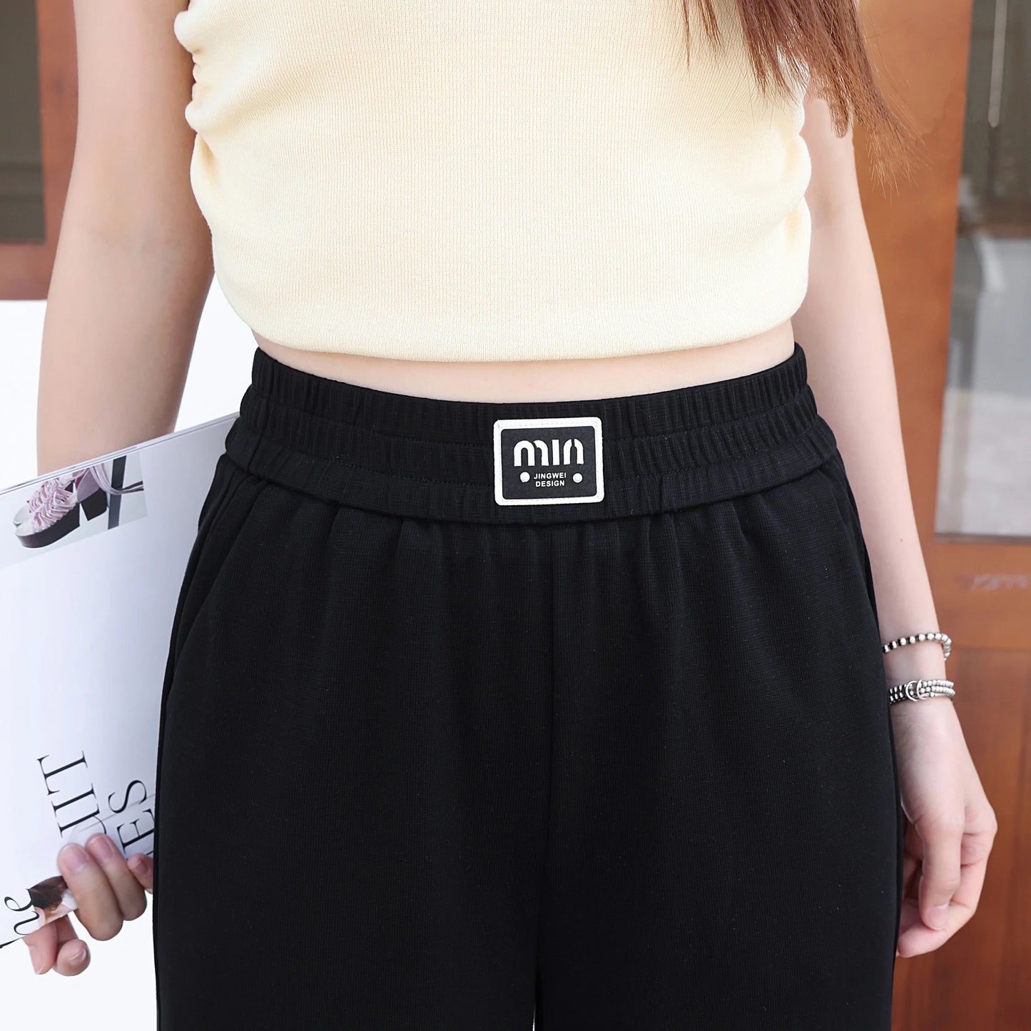 2026 New Women's Loose Straight Leg Pants in Apricot Color, Elastic Waist Modal Casual Pants, Black Wide Leg Pants