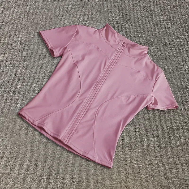 Summer High Quality Waist Slimming Training Tops Women's Quick-drying Tight Stand Collar Full Zipper Short Sleeves Yoga shirts
