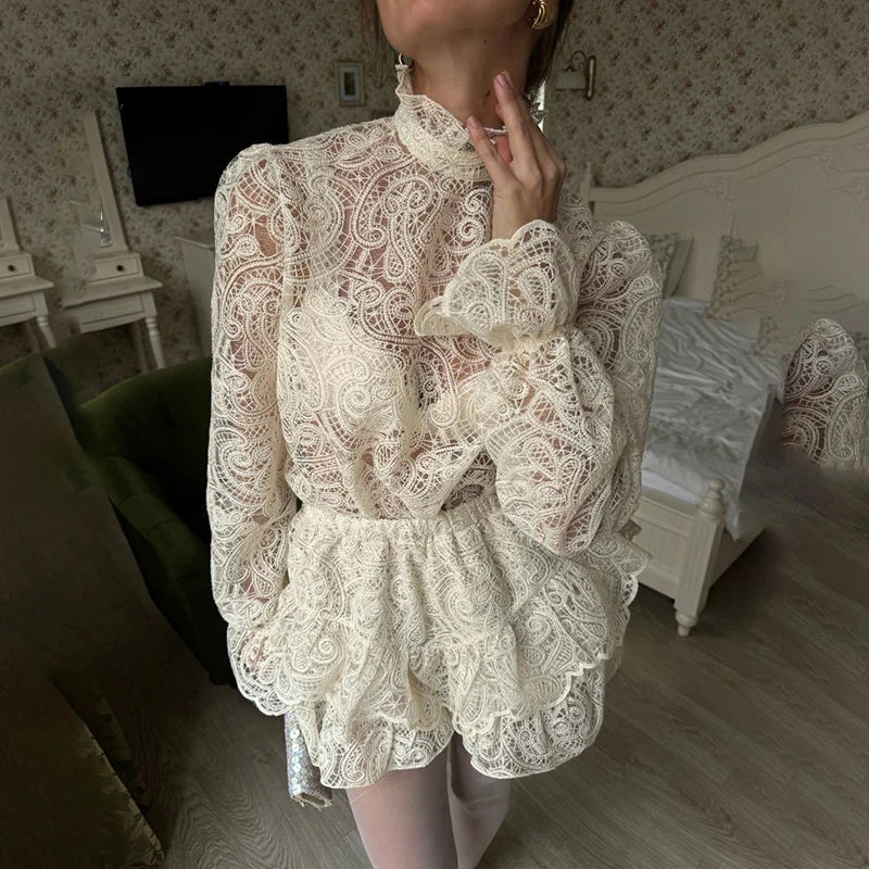 Typhaland 2026 New Lace Hollow Two Piece Skirt Suit Women's Turtleneck Lantern Sleeve T shirt Sexy Loose Shorts Skirt Casual Set