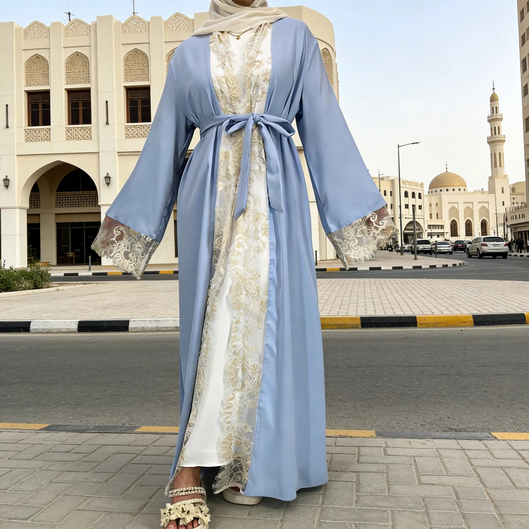 Abaya Headscarf 2 Piece Set Lace-up Cadigan Dubai
