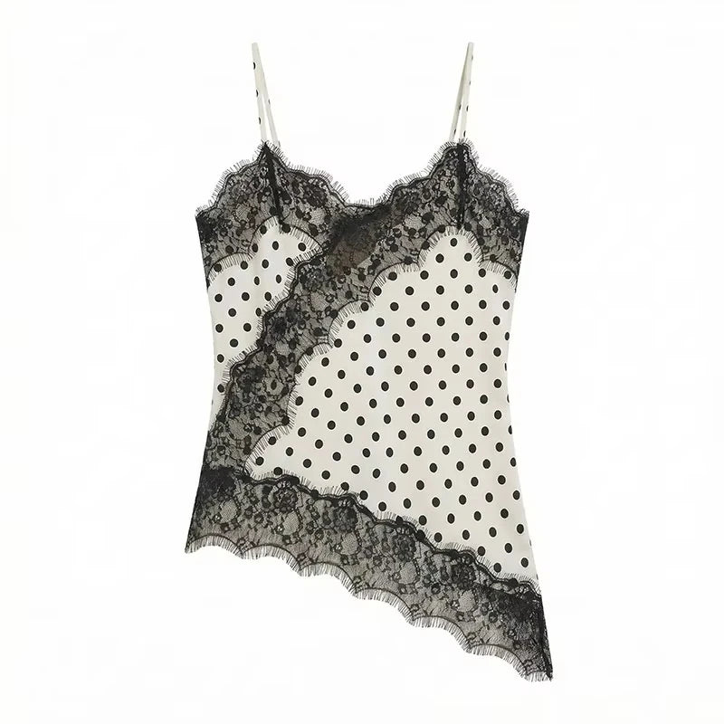 HH 2026 Summer Polka Dot Tops For Women Fashion High Street Asymmetrical Lace Patchwork Tanks Elegant Women Backless Camisole