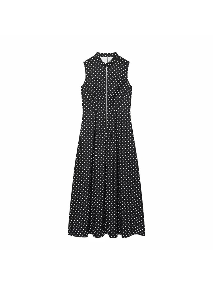 Women Elegant Polka Dot Zipper Decoration Dress Summer Women Sleeveless Pleated Dress Female Fashion Versatile Midi Dress