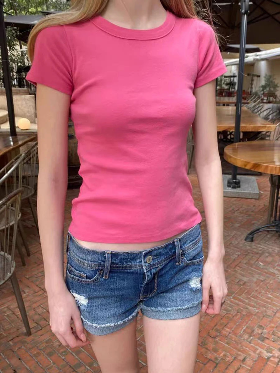 New Rose Red Basic T-shirts Woman Summer
