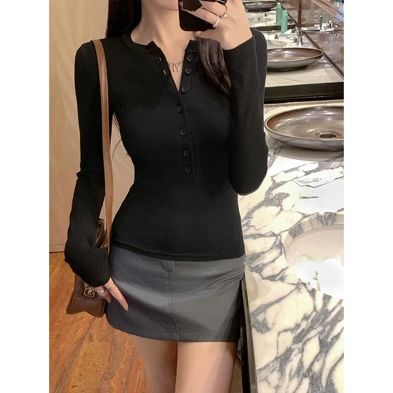 Women's Slim Fit Y2K Long Sleeve T-Shirt Solid Color Stretch Base Layer Top Woman 2026 Spring Autumn Button Knitted Ribbed Tee